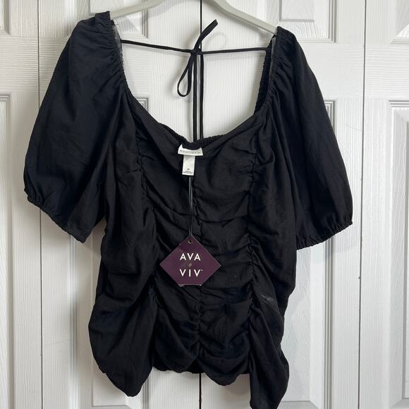 AVA & VIV Black Ruched Tie Back Blouse Sz 1X - Picture 8 of 9